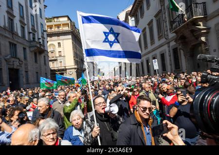 Milano, Italy. 25th Apr, 2024. Israeli flag is displayed during the demonstration to mark the 81st anniversary of the Liberation Day, on April 25, 2024 in Milan, Italy. On April 25th, 1945, Italian partisans launched a massive uprising against the fascist regime and Nazi occupation, marking the date as Liberation Day, which honors the critical turning point when Italy began its liberation from fascist and Nazi control. (Photo by /Sipa USA) Credit: Sipa USA/Alamy Live News Stock Photo