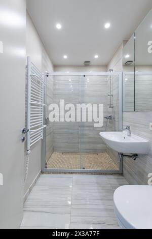 Bright Elegant Modern Minimalist Bathroom Interior Design of Shower Room With White Sink. Bathroom Accessories, Gray Walls, Concrete Floor, Mirror Stock Photo