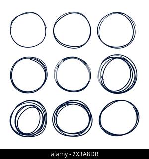 Circle Scribble Line. Hand Drawn Circle Shape Scribbles Set Vector. Circle Doodle Drawing Set. Stock Vector