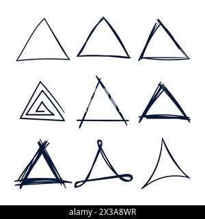 Triangle Shape Scribble Lines Set. Hand Drawn Triangle Shape Scribble Vector Set. Doodle Drawing. Stock Vector