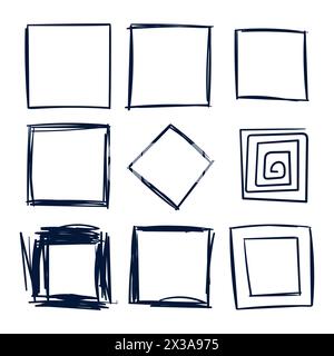Square Scribble Line. Hand Drawn Square Shape Scribble Set Vector. Square Shape Doodle Drawing Set. Stock Vector