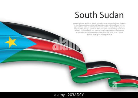 Elegant, wavy abstract representation flag of South Sudan, flowing on a white background with placeholder text Stock Vector