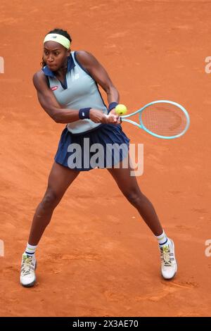 Coco Gauff of The United States plays against Arantxa Rus of Netherlands on Day Three during their second round match of the Mutua Madrid Open at La C Stock Photo