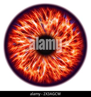 Illustration of a red electrify human iris on white background. Digital artwork creative graphic design. Stock Photo