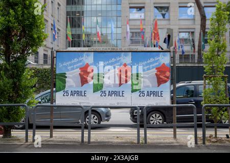Rome, Italy. 25th Apr, 2024. Advertising posters for April 25th, the anniversary of the Liberation of Italy from Nazi-fascism, with the slogan 'in defense of freedom every day' in Rome. (Credit Image: © Marcello Valeri/ZUMA Press Wire) EDITORIAL USAGE ONLY! Not for Commercial USAGE! Stock Photo