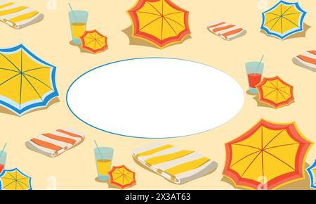 Summer beach postcard. Beach umbrella and towel with drink in glass on sand. Flat design style. Summer background. Place for text. Vector illustration Stock Vector