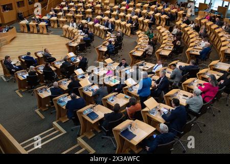 Edinburgh, Scotland, UK. 25th Apr, 2024. PICTURED: Scottish Conservative Party MSPs in chamber. On the day the Scottish National Party (SNP) terminated the Bute house agreement with the Scottish Green Party, scenes inside the Scottish Parliament during the weekly session of First Ministers Questions. Credit: Colin D Fisher Credit: Colin Fisher/Alamy Live News Stock Photo