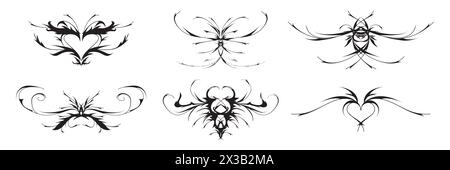 Neo tribal y2k tattoo, heart and butterfly shape, gothic pentagram goat. Stock vector illustration cyber sigilism style hand drawn ornaments. Stock Vector