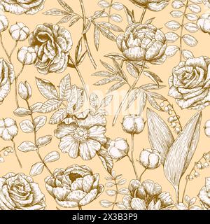 Seamless pattern with peony and eucalyptus in victorian engraving style. Vector illustration. Stock Vector