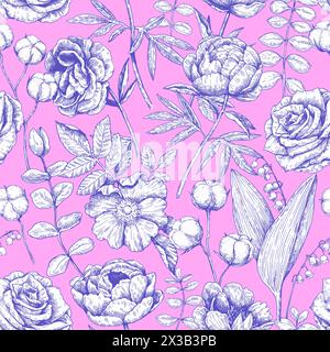 Seamless pattern with peony and eucalyptus in victorian engraving style. Vector illustration. Stock Vector