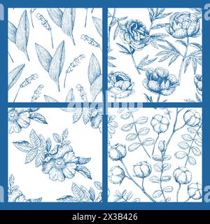 Collection of four monochrome floral seamless patterns in victorian engraving style. Vector illustration. Stock Vector