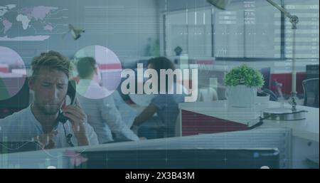 Image of financial data processing over diverse businesspeople in office Stock Photo