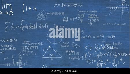 Image of mathematical data processing over blue background Stock Photo