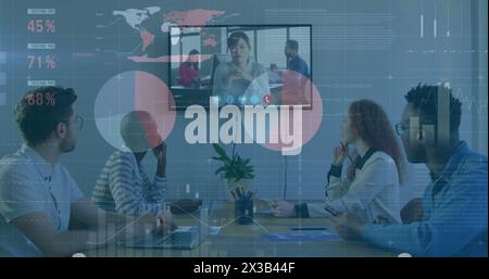 Image of financial data processing over diverse businesspeople in office Stock Photo