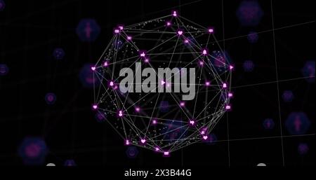 Image of connected dots forming globes and connected icons over black background Stock Photo