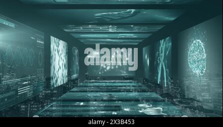 Digital image of tunnel with screens of medical data processing against green background Stock Photo