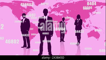 Image of numbers changing over people silhouettes and world map Stock Photo