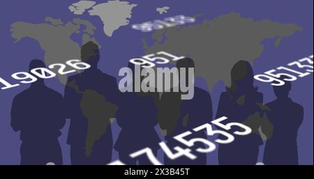 Image of numbers changing over people silhouettes and world map Stock Photo