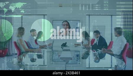 Image of financial data processing over diverse businesspeople in office Stock Photo
