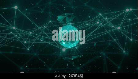 Image of dots connected with lines over lines around rotating globe over abstract background Stock Photo