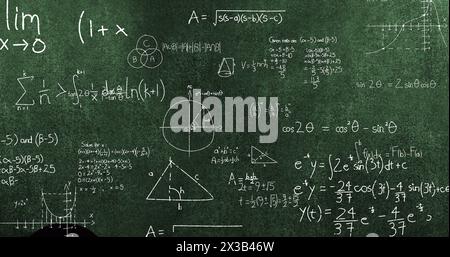 Image of mathematical data processing over green background Stock Photo
