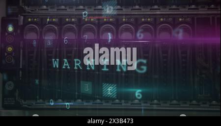 Image of digital interface with cyber attack warning text over detail of computer server Stock Photo