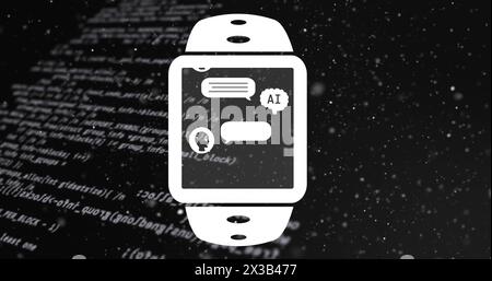Image of ai chat interface in smartwatch and computer language over black background Stock Photo
