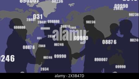 Image of numbers changing over people shaking hands and world map Stock Photo