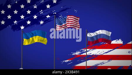 Image of flags of ukraine, usa and russia on blue background Stock Photo
