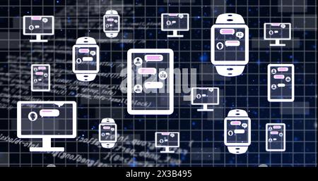 Image of ai interface in smartwatches, cellphone and computers over computer language Stock Photo