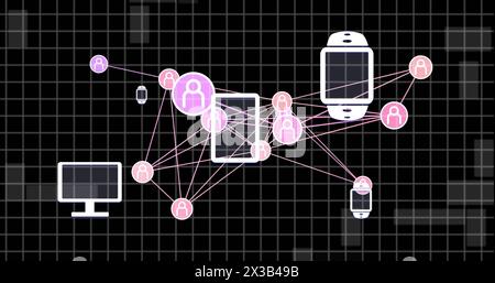Image of connected icons, ai chat interface in computers, smartwatches and cellphones Stock Photo