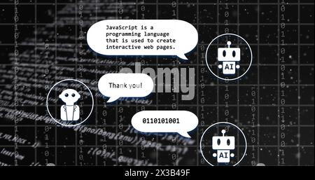 Image of ai chat interface, grid pattern and computer language over black background Stock Photo
