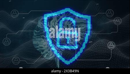 Image of a blue padlock in a blue shield with social icons over a web of connections Stock Photo