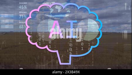 Image of ai text, binary codes in brain, infographic interface over landscape and cloudy sky Stock Photo