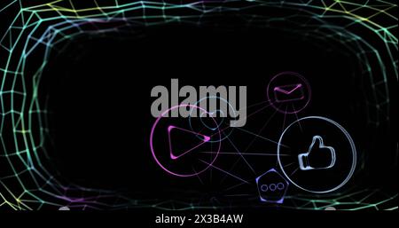 Image of colourful web of connections with social icons over a tunnel made of connections Stock Photo