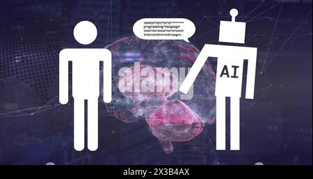 Image of human representation and ai text in robot, binary codes in speech bubble over brain Stock Photo