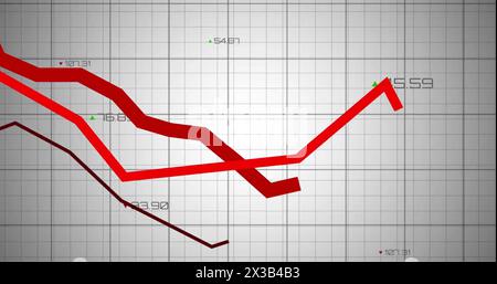 Image of red lines and financial data processing over grid Stock Photo
