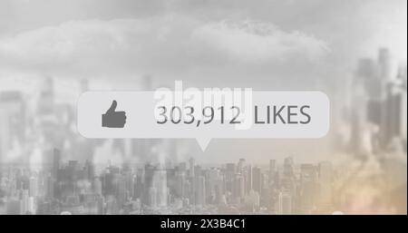 Image of speech bubble with likse and numbers growing over cityscape Stock Photo