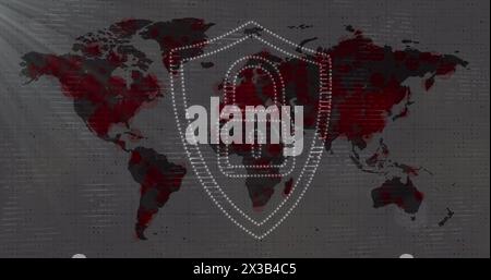 Image of a white padlock in white shield over a world map turning red Stock Photo