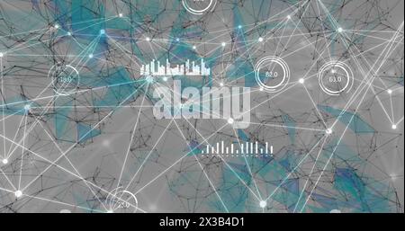 Image of graphs, changing numbers in loading circles connected dots forming geometric shapes Stock Photo
