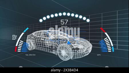 Image of icons, text and changing numbers in speedometer over 3d model of car Stock Photo