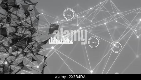 Image of connected dots, graphs, changing numbers in loading circles over connected dots globe Stock Photo