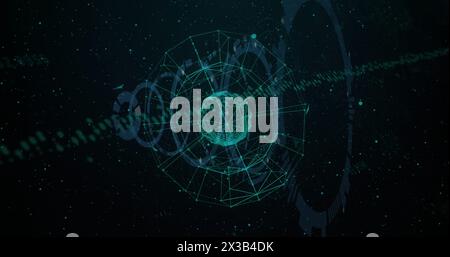 Image of graphs and connected dots around globe in loading circles over black background Stock Photo
