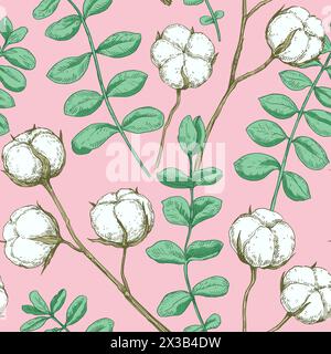 Seamless pattern with cotton and eucalyptus branches. Vector illustration in retro detailed style. Stock Vector