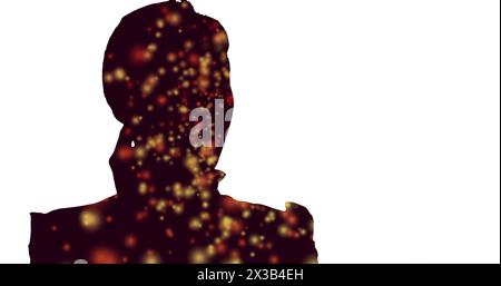 Image of dots in shadow of man talking on wireless headphone over white background Stock Photo