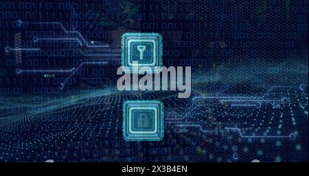 Image of key and padlock icons over computer circuit board and data processing Stock Photo