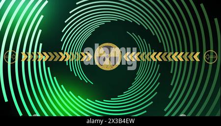 Image of arrows and ionizing radiation hazard symbol over spiral pattern in background Stock Photo