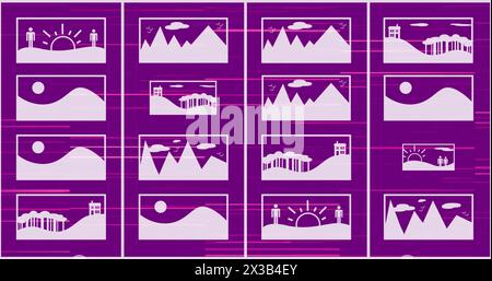 Image of digital pictures and falling binary codes with lines over purple background Stock Photo