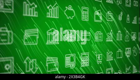 Image of multiple application icons and white lines moving against green background Stock Photo