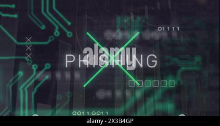 Image of phishing text over computer circuit board and data processing Stock Photo